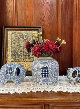 景德镇明清古典中式青花喜字系列陶瓷罐仿古做旧客厅玄关瓷器摆件