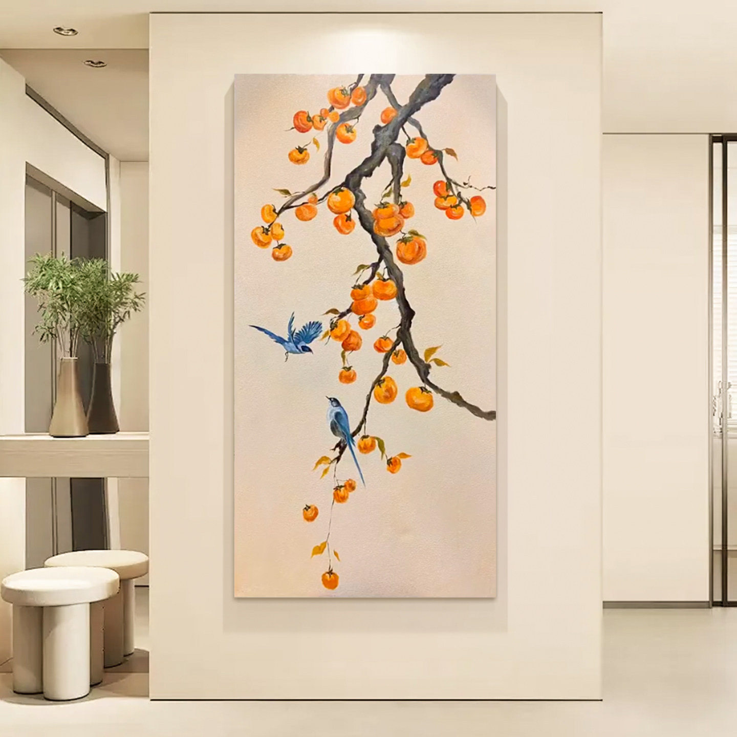 花鸟九鱼图玄关入户装饰画手绘油画事事如意立体肌理画挂画壁画
