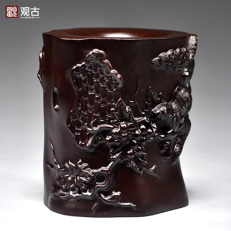 黑檀木雕刻老鼠笔筒创意工艺品书房办公室书桌画室新中式笔筒摆件