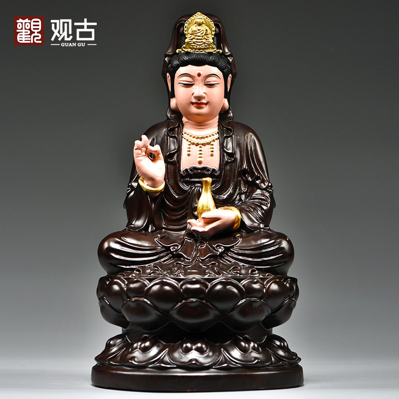 彩绘黑檀木雕观音菩萨佛像摆件坐莲观世音菩奉家用店铺装饰工艺品