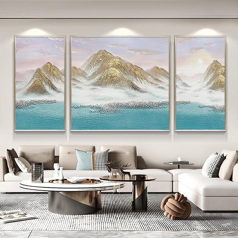现代简约客厅装饰画三联画手绘肌理画轻奢沙发背景墙背靠金山挂画