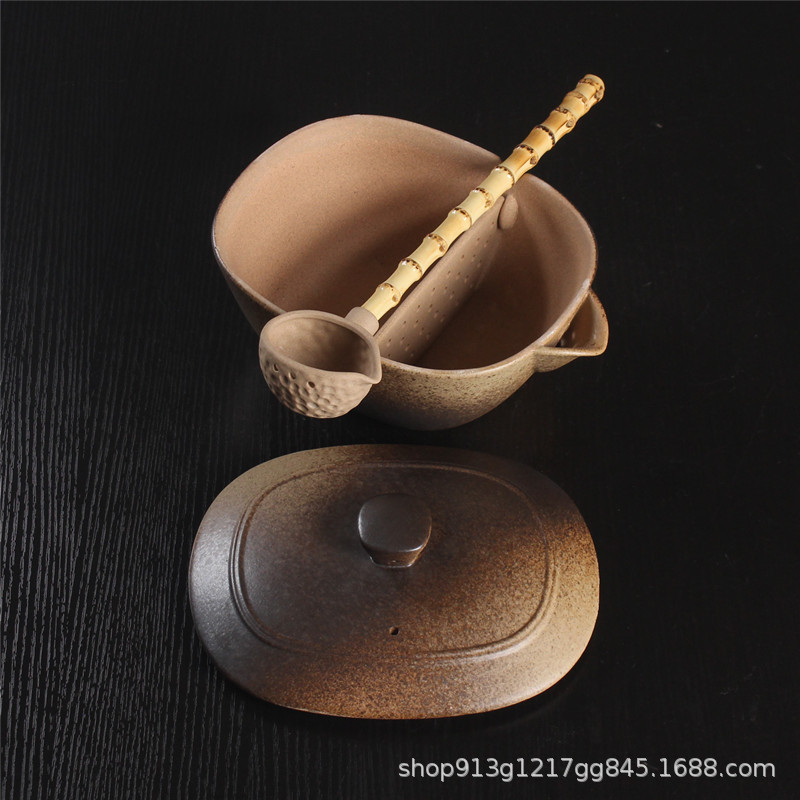 柴烧釉窑变古法合璧煮茶碗带盖分茶勺家用电陶炉明火老白茶泡茶器