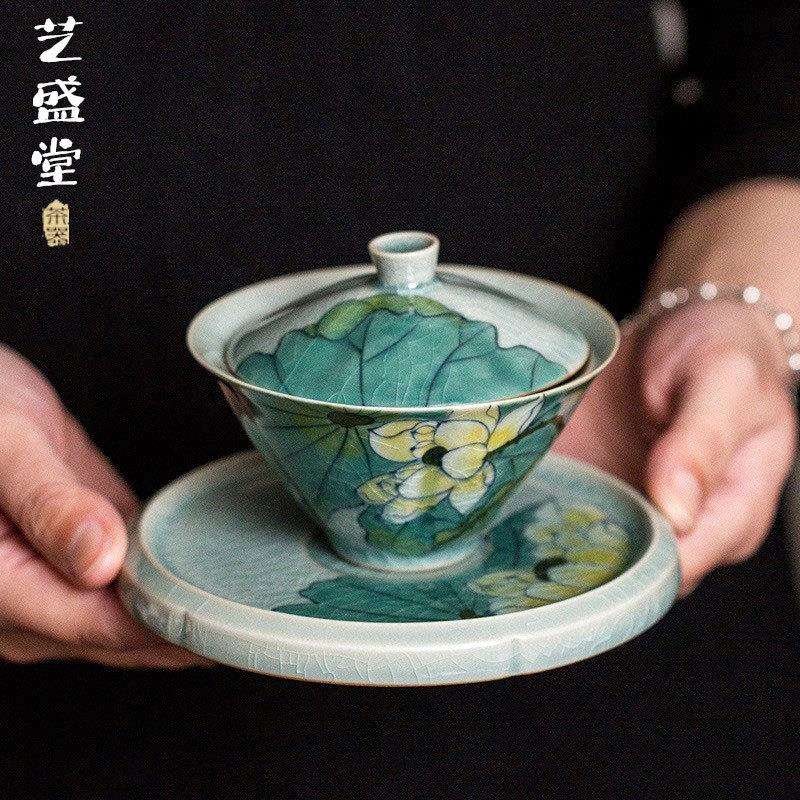 厂家直供手绘冰裂荷花斗笠盖碗家用泡茶碗釉下彩开片可养盖碗三才