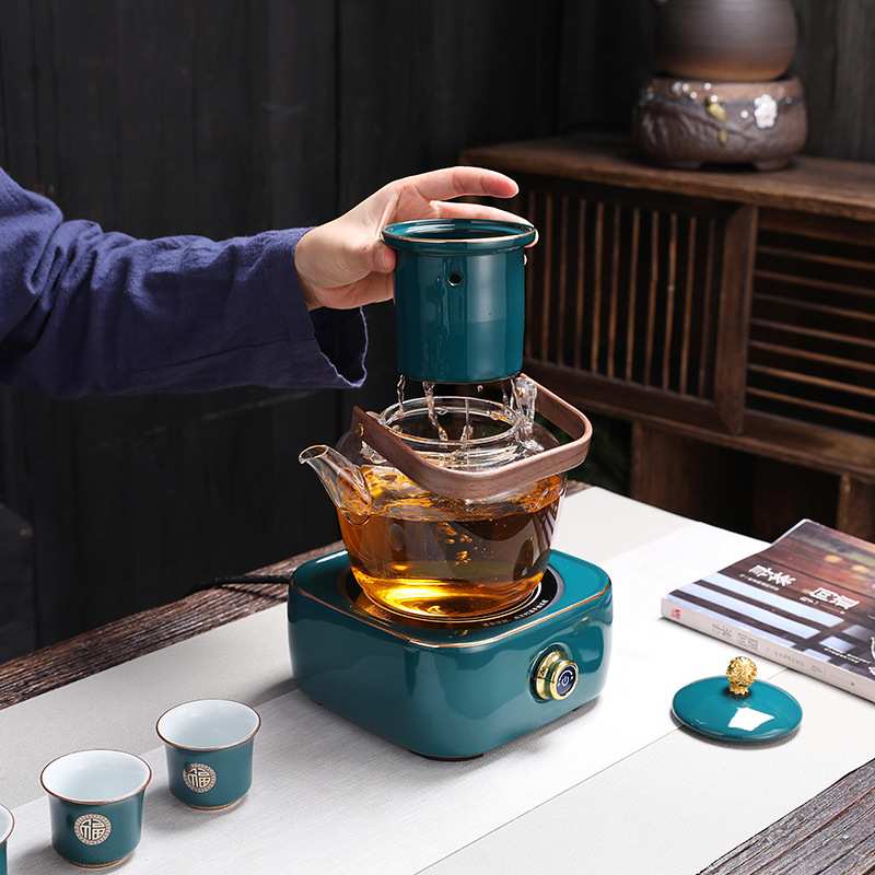 孔雀绿电陶炉煮茶器煮茶炉加热提梁壶陶瓷内胆过滤玻璃家用茶壶