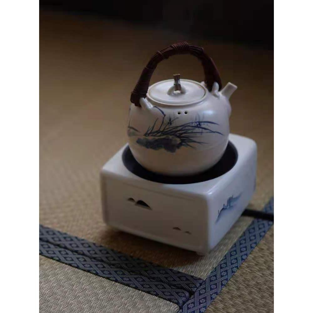 梵山堂苏打釉青花山水四方电陶炉白泥兰花腰线陶瓷煮茶壶开片陶壶