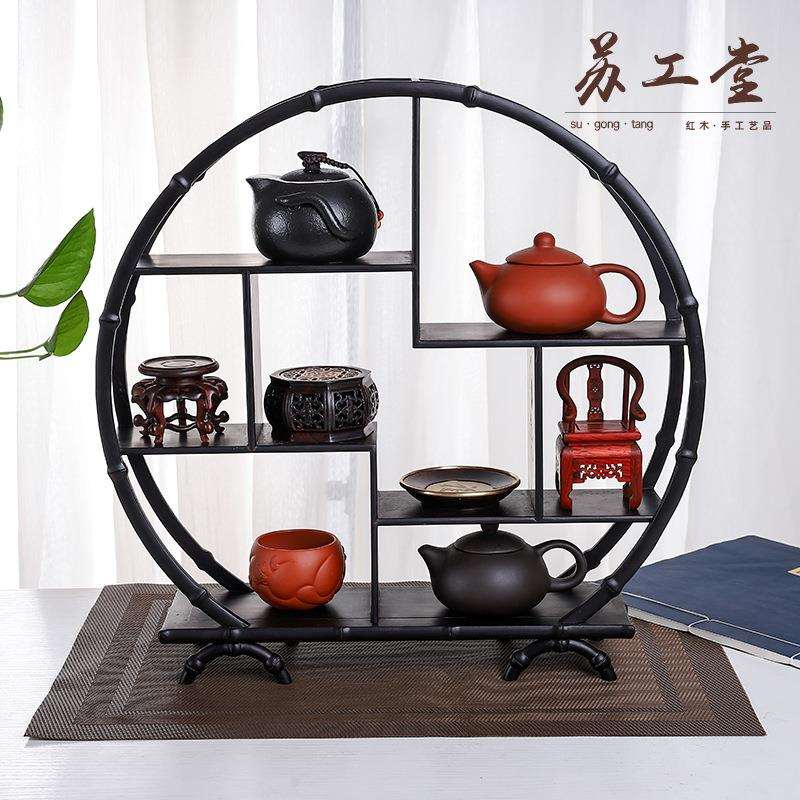 紫光檀竹节博古架实木摆件中式客厅小型工艺品多宝阁茶具架置物架