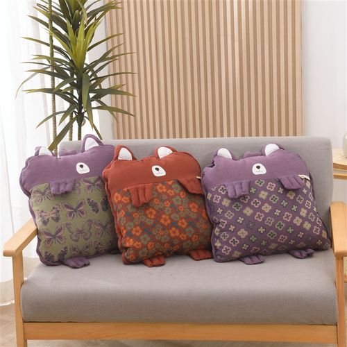 怪怪熊双层纱A类色织提花抱枕被携带方便折叠午睡枕头毯子沙发靠