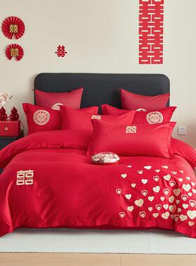 60S全棉高端婚庆刺绣四件套大红色婚庆床上用品被套床单婚嫁喜被