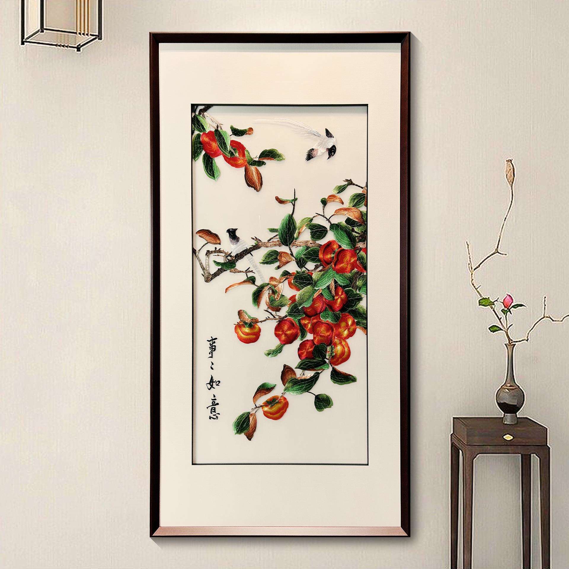 柿子事事如意挂画新中式玄关过道茶室竖版装饰画茶室壁画入户墙画