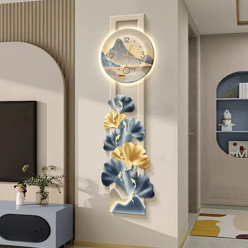 九鱼图挂钟电视墙背景壁画客厅装饰画led发光玄关细长条挂画招财