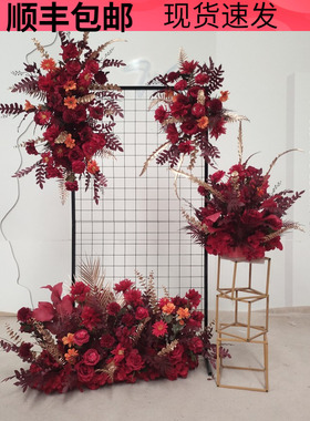 婚礼红色背景板花艺舞台地花排花KT板绑花订婚宴花拍地排仿真花艺
