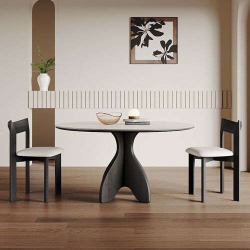 复古实木餐桌圆桌家用轻奢现代简约小户型公寓洽谈桌纯白岩板餐桌