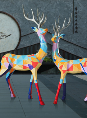抽象鹿雕塑块面几何梅花鹿摆件酒店大堂展厅装饰学校客厅庭布景