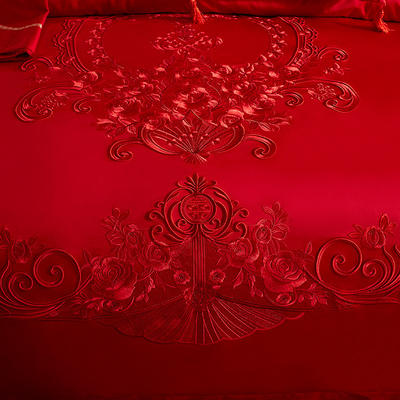 100s支全棉婚庆四件套刺绣婚房床上用品大红色喜被子结婚六十件套