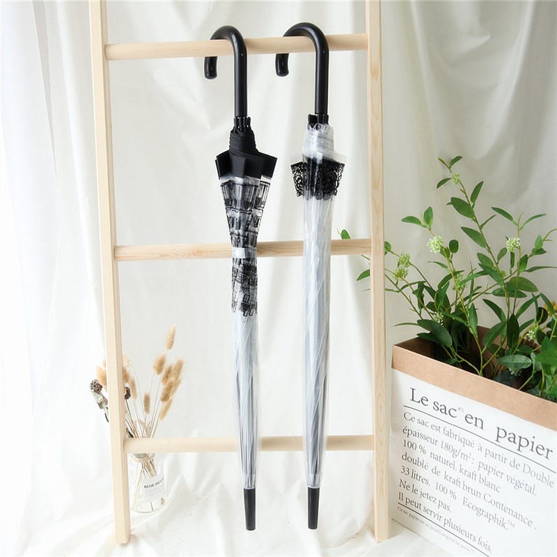 沛欣雨伞女 夏天复古城市玫瑰花黑边透明伞半自动小清新长柄伞