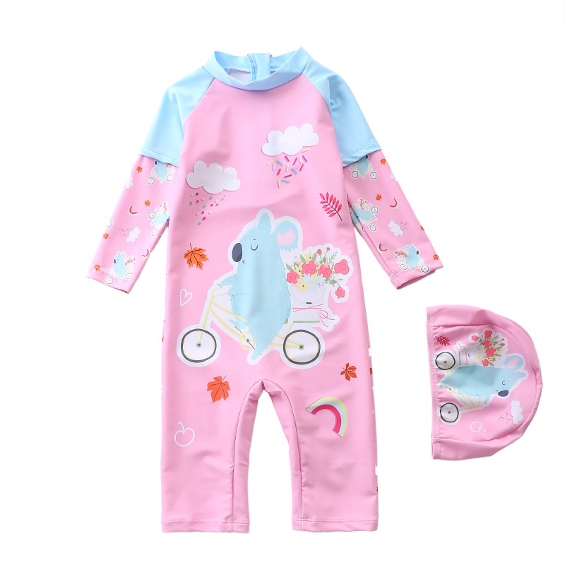 2022新儿童泳衣女连体中大童游泳衣中长裤五分裤长袖防嗮女童泳装