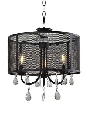美式乡村复古黑色网格灯罩铁艺水晶吊灯餐厅卧室客厅LED灯