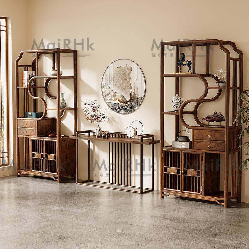 多宝阁博古架实木中式置物架茶室南美中式胡桃木复古台式茶桌茶台