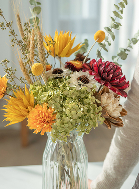 天然真干花绣球尤加利叶小麦金y黄色田园风diy花艺套装餐桌装饰花