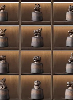 新中式酒店茶室样板间博古架高端茶道摆件陶瓷Q茶具茶叶罐十二生