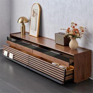 北欧黑胡桃木实木电视柜复古客厅落地柜储物柜现代简约灯光