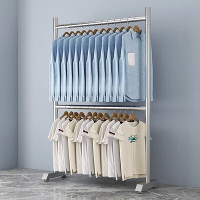 晾衣架不锈钢拉丝银落地双层可z调节挂衣杆卧室内多层不占地衣帽