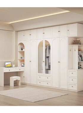 轻奢奶油风法式m衣柜书桌一体组合白色转角妆台大衣橱