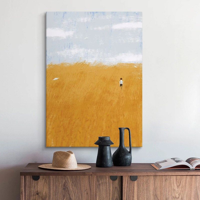 金黄色麦田纯手绘油画客厅抽象麦浪装饰画玄关稻穗肌理画意境挂画