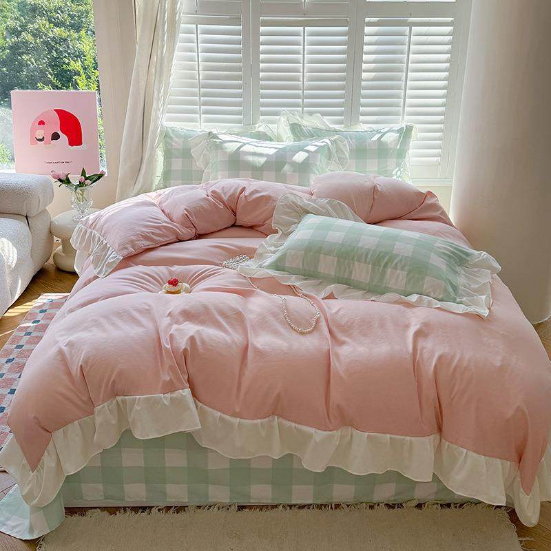 A类亲肤云柔水洗棉韩版花边奶油格撞色床笠床包三四件套,金属材料及制品,金属加工件/五金加工件,淘宝优惠券,粉丝福利购,淘宝优惠卷
