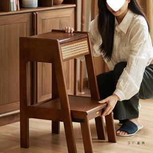 藤编折叠实木两步梯凳家用多功能两用登高稳步梯子阶梯凳