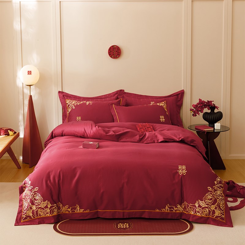 高档结婚100S长绒棉四件套婚庆红色喜字全棉被套婚礼陪嫁纯棉床品