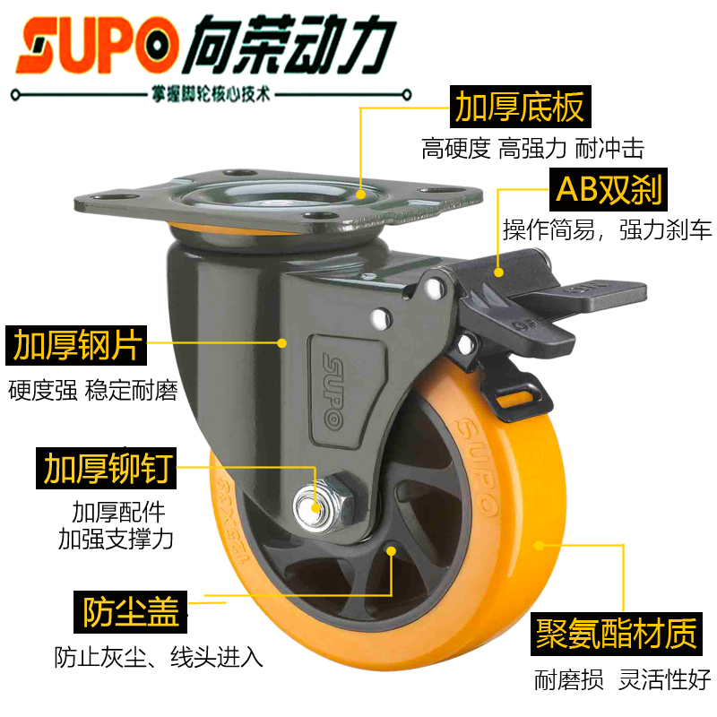 SUPO向荣脚轮3寸4寸5寸6w寸万向轮带刹车PU静音耐磨平板车重型轮