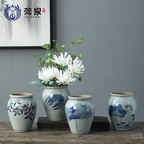 景德夫手绘青花瓷花瓶花器鲜花复古粗陶整套功茶镇具配件桌面摆件