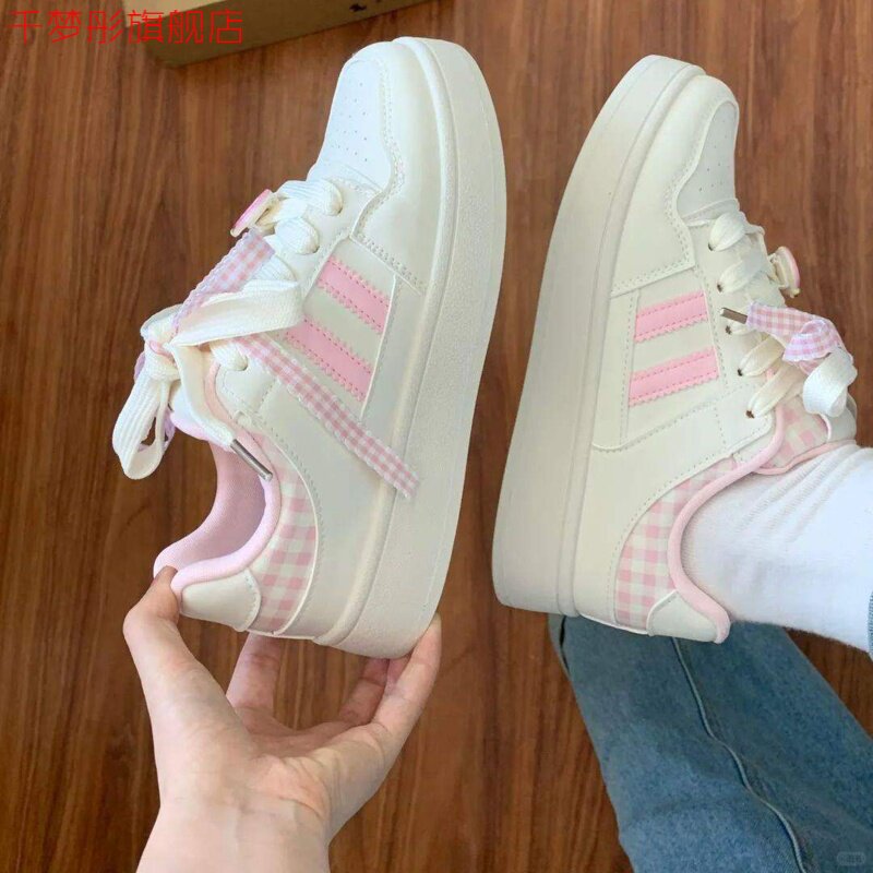 甜美粉格厚底面包小白鞋女百搭
