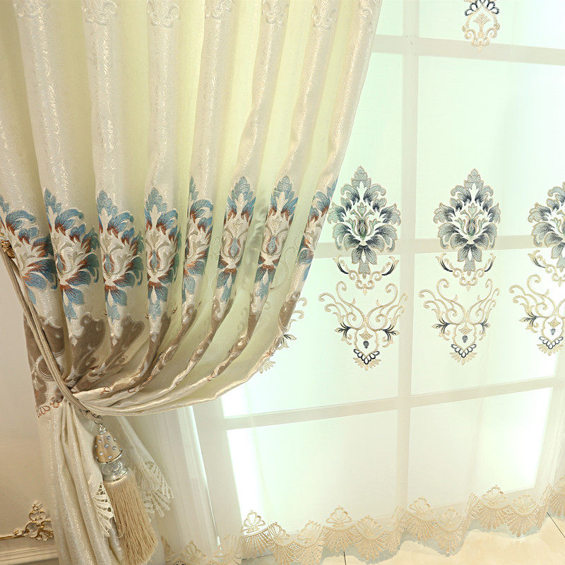 定制加厚欧式高档奢华大气客厅落地遮光窗帘纱帘刺绣花成品布料
