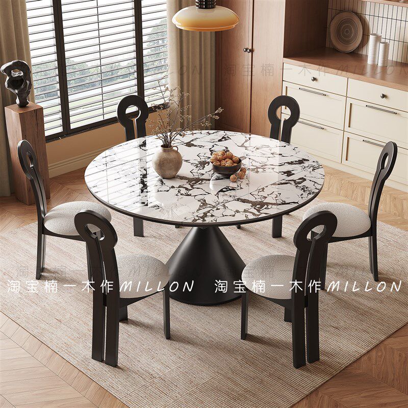 复古岩板伸缩餐桌椅组合现代简约家用小户型方圆两用黑色圆形餐桌