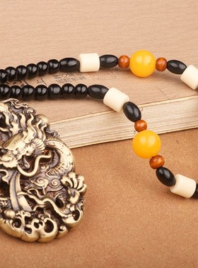 纯黄铜复古做旧生肖龙牌手把件汽车车载车内后视镜摆件小挂件吊坠