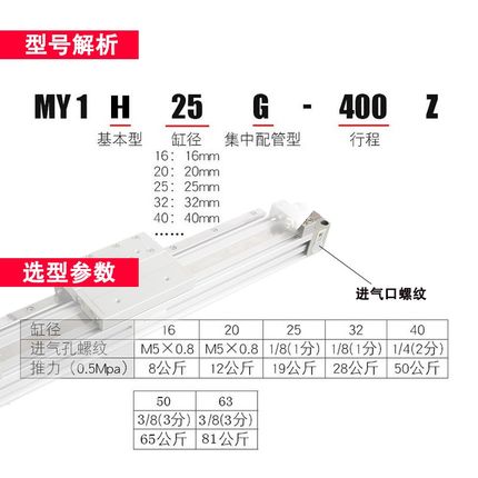 SMC机械式无杆气缸MY1H16G/25/20/32/200/300/500L600H-700Z-XB10