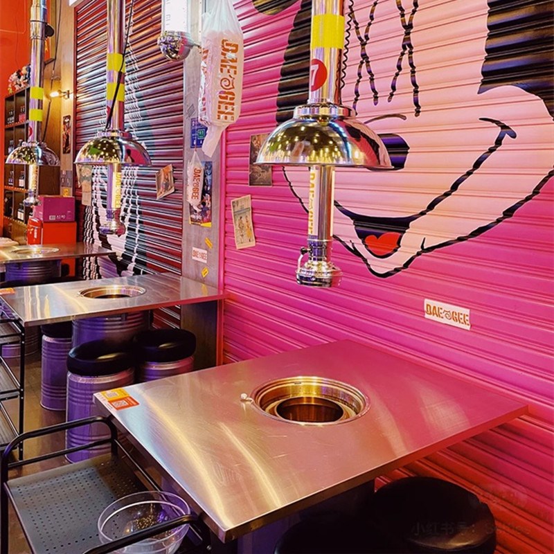 韩式不锈钢烤肉油桶桌网红烤肉店桌子商用日式火锅桌电碳烤一体桌