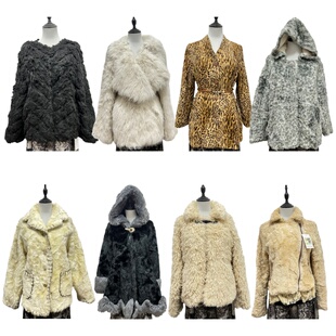 古着vintage复古D10皮草女短款 大衣 保暖仿毛皮豹纹连帽外套冬季