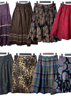 古着vintageS7港风半身裙女古早味海淘百搭毛呢中长款多色拼接裙