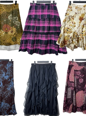 古着vintageA13复古印花拼接半身裙女百搭A字款蛋糕裙层次感半裙