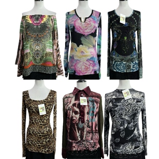 古着vintageQ33复古印花长袖T恤女辣妹风格欧美外贸上衣嬉皮小众T