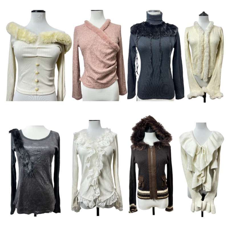 古着vintageD9复古设计感长袖针织衫女毛领辣妹修y2k身气质上衣