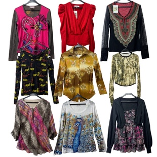 古着vintageQ15美式印花长袖T恤女春秋海淘外贸网纱拼接辣妹上衣