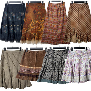 古着vintageS8美式 复古印花半身裙女港风A字百搭文艺森系嬉皮裙子