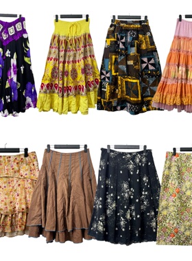 古着vintageA2复古印花拼接半身裙海淘森春夏A字百搭高品质中长裙