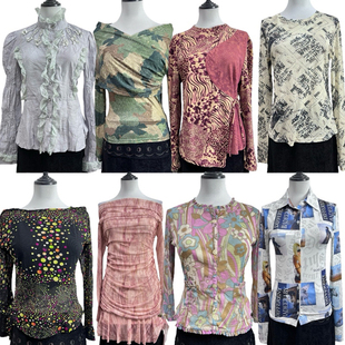 vintage古着Q26复古印花长袖T恤女古早味减龄辣妹风外贸嬉皮上衣