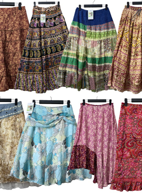 古着vintageA11复古印花半身裙女雪纺拼接设计感亚比嬉皮海淘风