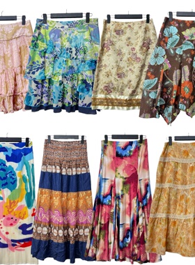 古着vintageA7复古波西米亚风印花拼接半身裙女A字百搭中长裙伞裙